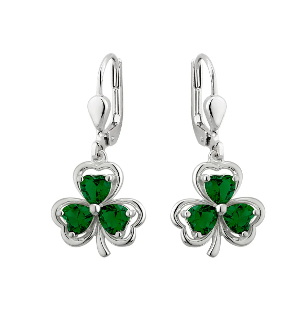 Silver Green Shamrock Drop Earrings