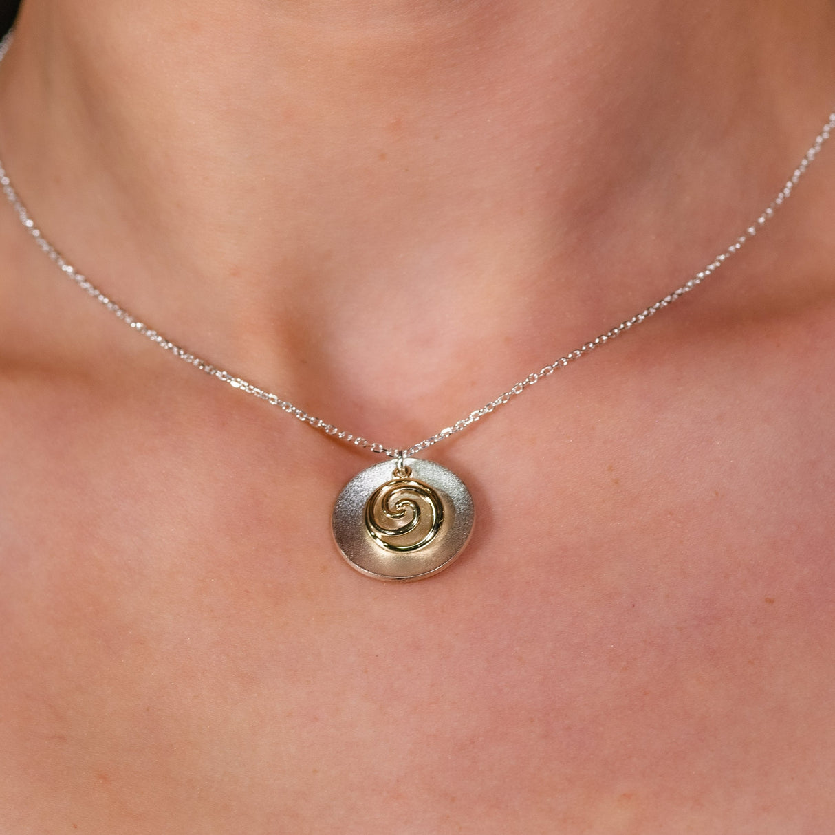 Spiral 9K Gold Charm & Brushed Sterling Silver Disc Pendant