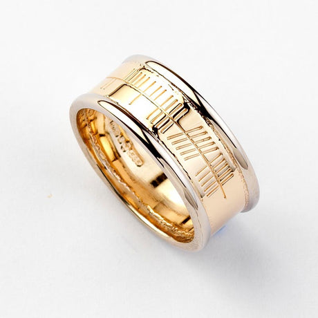 Ogham Gold Ring with White Gold Trims - Narrow - Brian de Staic Celtic/Irish Jewelry