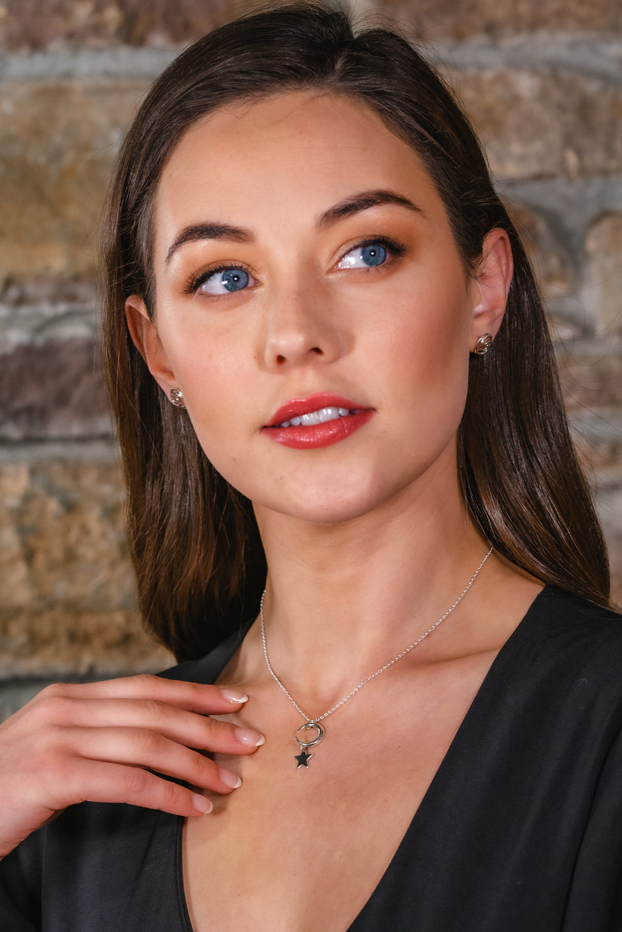 Moon and  and star Sterling Silver Pendant  on silver chain  on a model