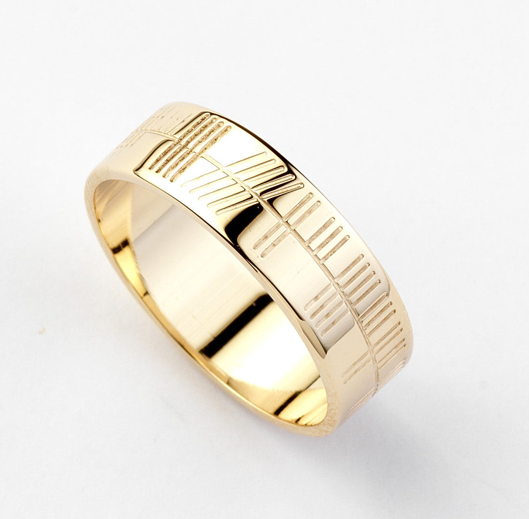 Ogham Gold Ring - Wide - Brian de Staic Celtic/Irish Jewelry