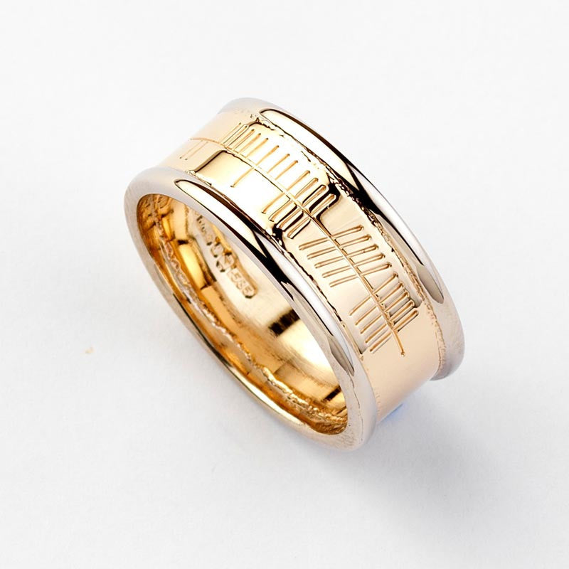 Ogham Gold Ring with White Gold Trims - Narrow - Brian de Staic Celtic/Irish Jewelry