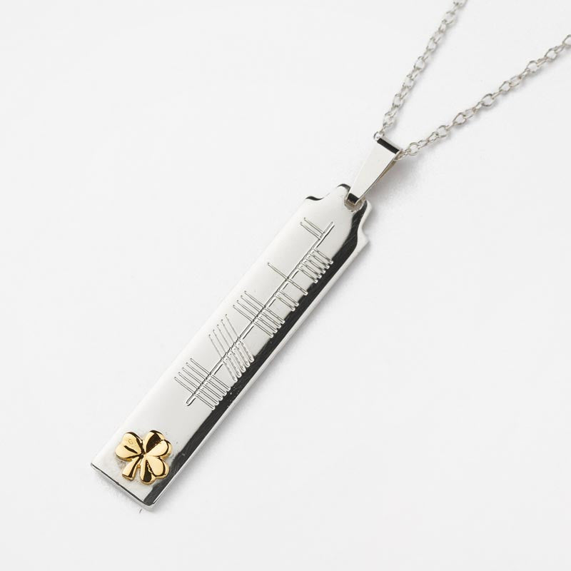 Ogham Silver Pendant with 14ct Shamrock – Brian de Staic