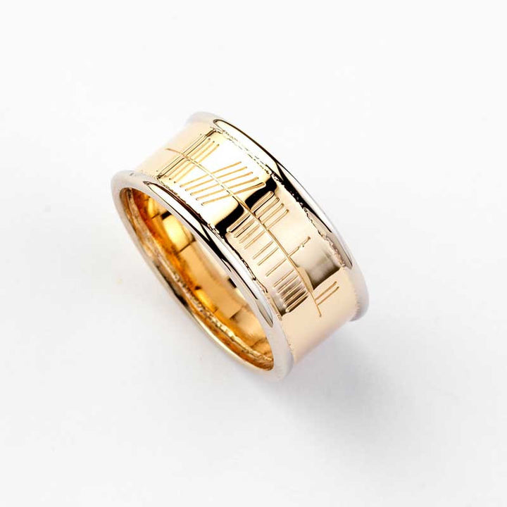 Ogham Gold Ring with White Gold Trim - Wide - Brian de Staic Celtic/Irish Jewelry