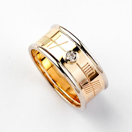 Ogham Gold Ring with White Gold Trim & Diamond - Wide - Brian de Staic Celtic/Irish Jewelry